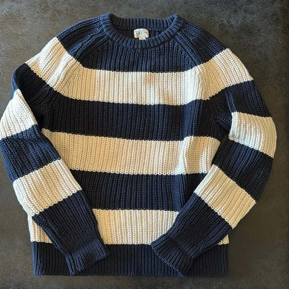 J Crew Blue & White Stripe shaker stitch fisherman sweater- Fall ‘22 - Picture 2 of 4